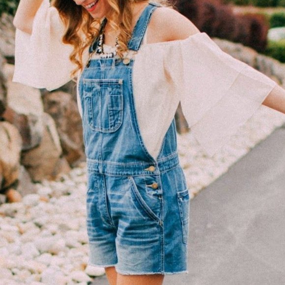 Denim - Classic Denim Distressed Overall Shorts